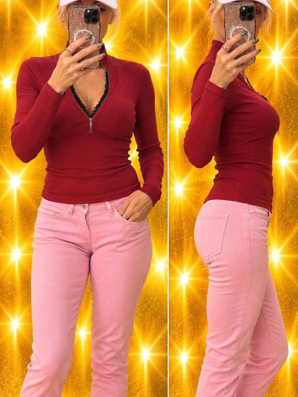 GUESS Red Long-Sleeve Ribbed Half-Zip Top with Logo Collar